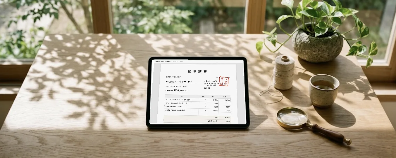 窓辺の机に置いたタブレットに、電子印鑑を押した見積書が表示されている