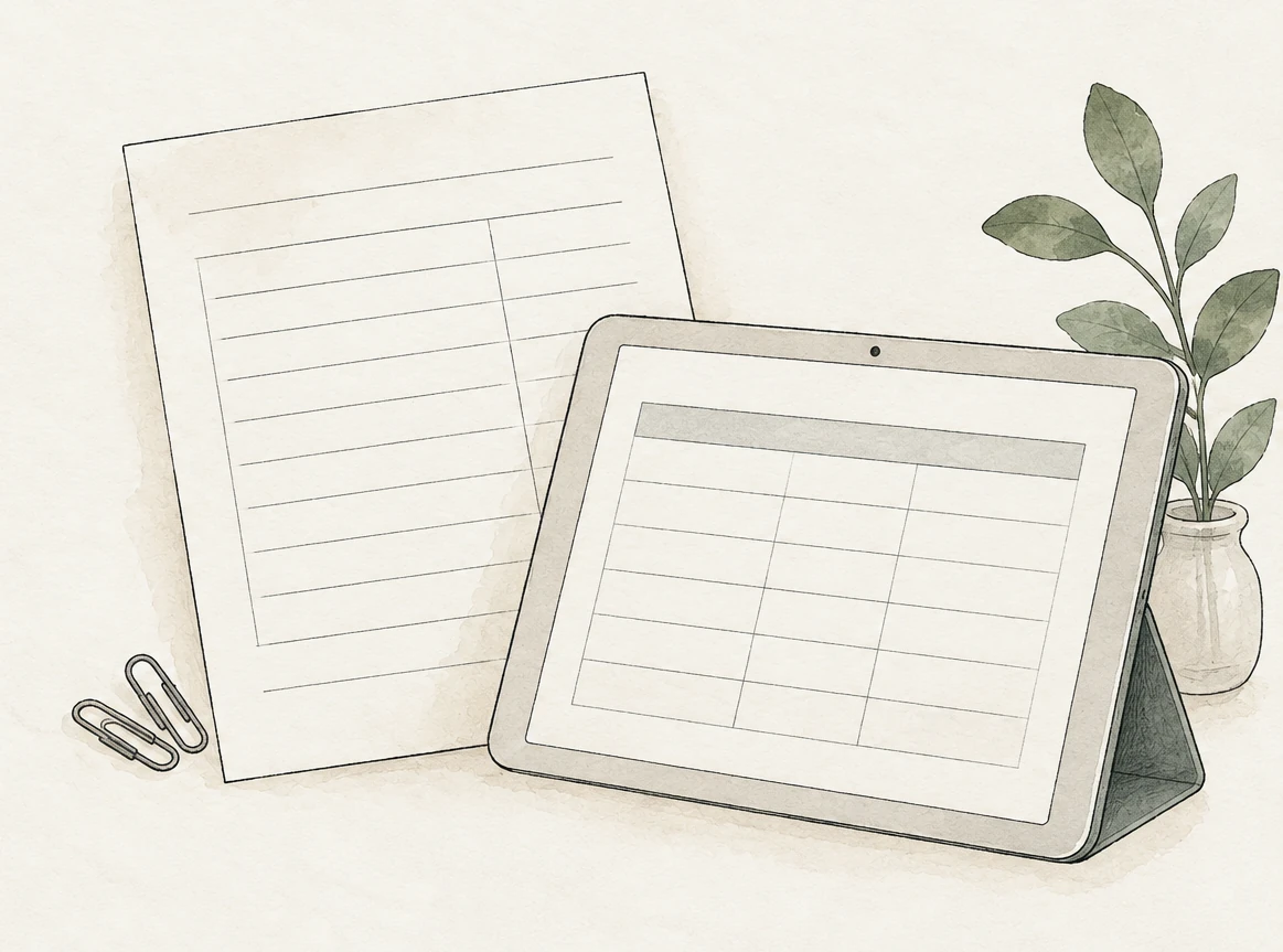 机に立てかけた紙の表と、表を映したタブレット、クリップと鉢植えの水彩の線画
