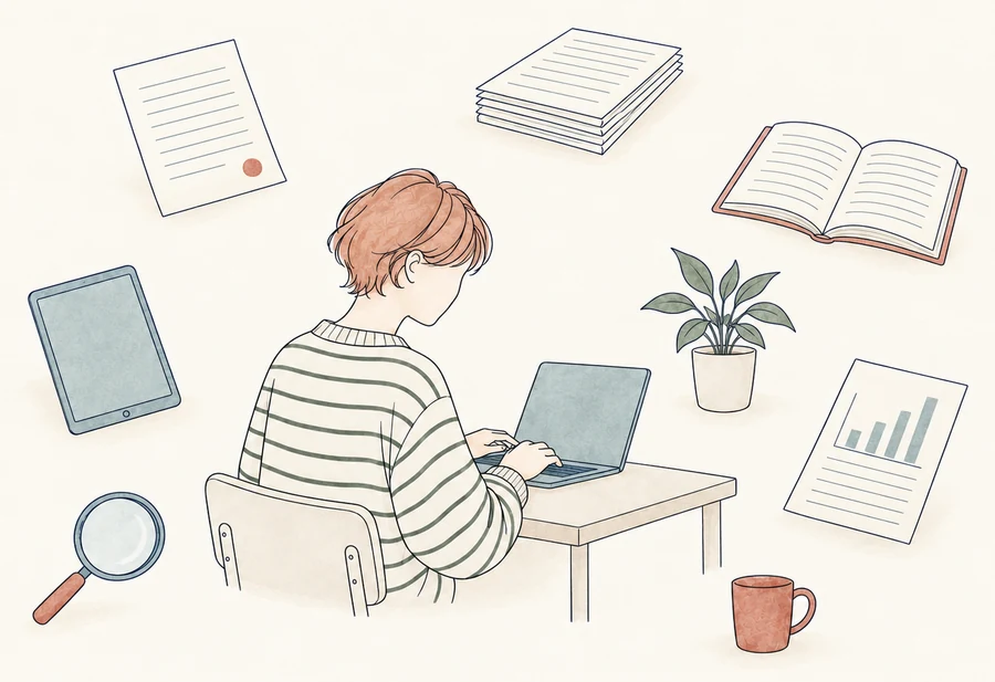 机でノートパソコンに向かう人のまわりに、朱印のある書類・重ねた紙・開いた本・タブレット・グラフの資料・虫眼鏡・鉢植え・マグカップが浮かぶ水彩の線画