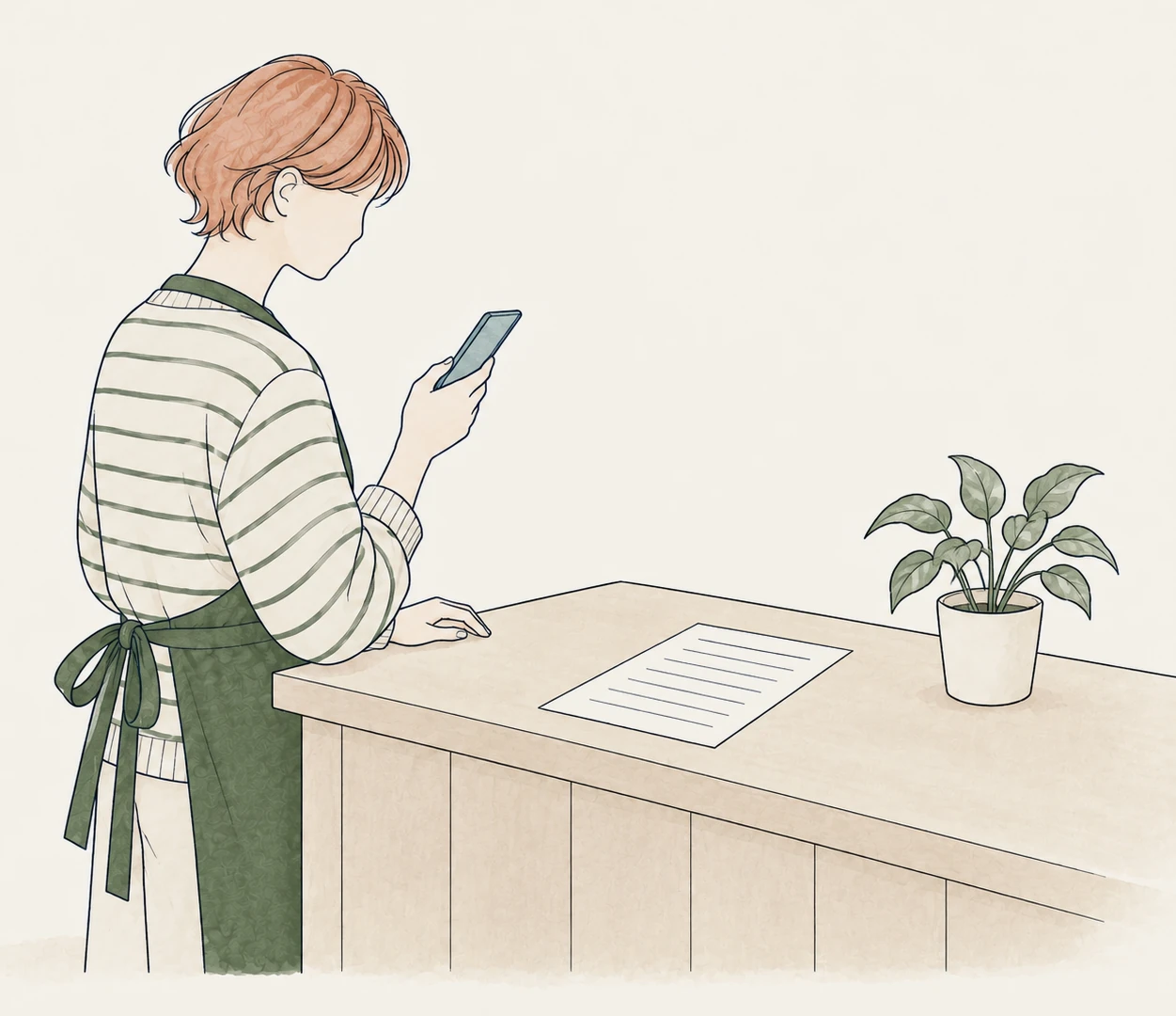 店のカウンターでスマートフォンを見ている店主の水彩の線画